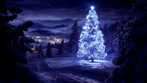 Зима Новый Год Обои на телефон снежный пейзаж с деревьями и светом вдалеке