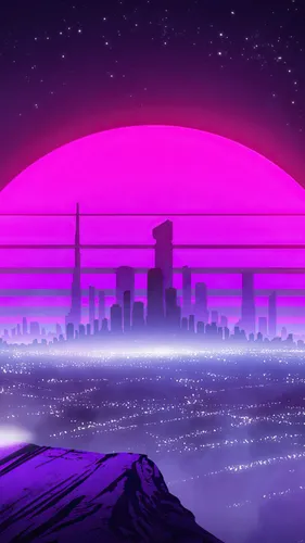 Ретровейв Обои на телефон розовое и фиолетовое небо с городом на заднем плане