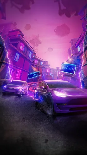 Тесла Обои на телефон группа автомобилей, припаркованных на улице со зданиями и розовым небом