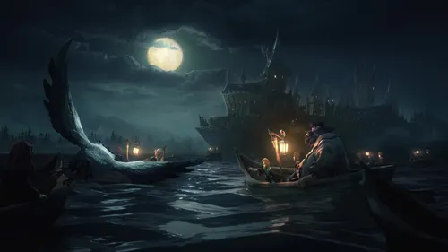 Хогвартс Обои на телефон группа людей в лодке в воде с луной на заднем плане