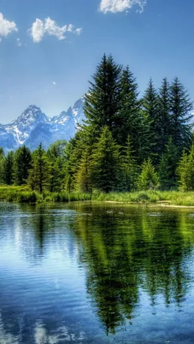 3Д Природа Обои на телефон водоем с деревьями и горами на заднем плане