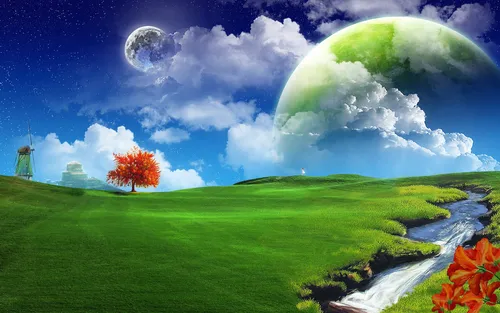 3Д Природа Обои на телефон пейзаж с ручьем и деревом и облачным небом