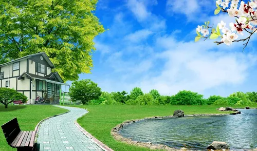 3Д Природа Обои на телефон тропинка рядом с водоемом с деревьями и зданием