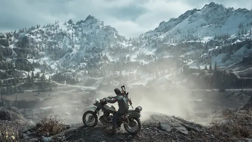 Days Gone Обои на телефон человек на мотоцикле на грунтовой дороге перед горой