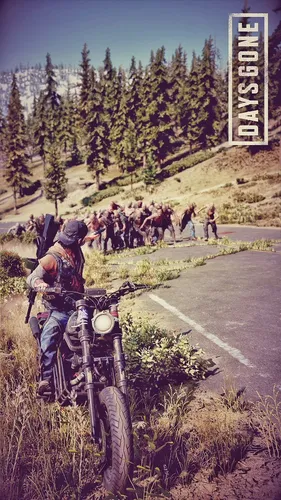 Days Gone Обои на телефон человек на мотоцикле на дороге с группой людей позади него