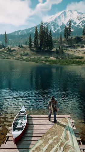 Days Gone Обои на телефон человек, стоящий на причале рядом с лодкой на озере