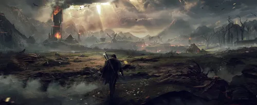 Властелин Колец Обои на телефон видеоигра, показывающая человека, идущего по полю с огнем и зданиями на заднем плане