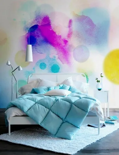 Глянцевые Обои на телефон кровать с белой простыней и воздушными шарами на стене