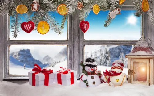 Full Hd Зима Обои на телефон окно со снеговиком и украшениями