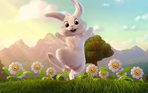 Зайчики Обои на телефон мультипликационный персонаж в поле травы с цветами и горой на заднем плане