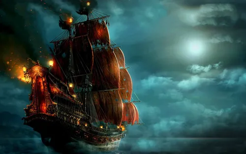 Пираты Карибского Моря Обои на телефон корабль с огнями на нем