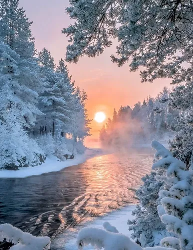 Фото Зима Обои на телефон река со снегом и деревьями