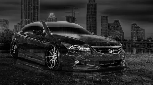 Хонда Аккорд Обои на телефон черно-белая фотография автомобиля, припаркованного на кирпичной дороге с городом на заднем плане