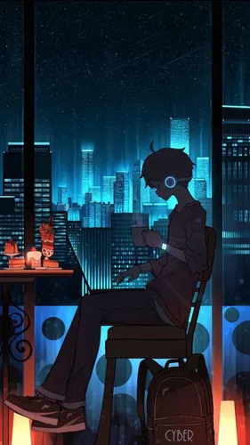 02 Аниме Обои на телефон человек, сидящий в кресле с микрофоном перед окном