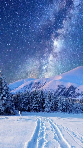 Зимние Пейзажи Обои на телефон снежная гора с деревьями и звездами в небе