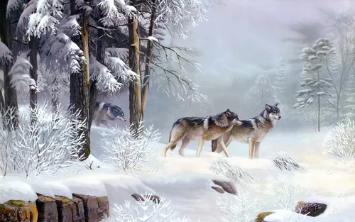 Зимние Пейзажи Обои на телефон пара волков на снегу