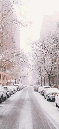 Зимние Пейзажи Обои на телефон заснеженная улица с машинами, припаркованными сбоку