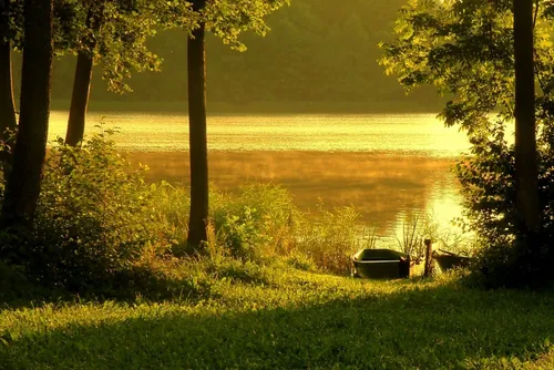 Красивые Лето Обои на телефон лодка на траве у озера
