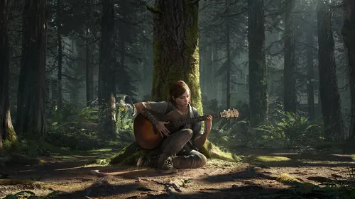 2К Обои на телефон мужчина, сидящий в лесу, играет на гитаре