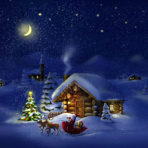 Новогодние Красивые Обои на телефон домик со снеговиком и деревьями в снегу