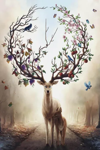 Олень Обои на телефон олень, стоящий под деревом с бабочками на нем