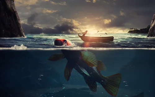 Рыбалка Обои на телефон черепаха плавает в воде с лодкой на заднем плане