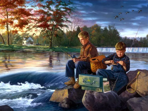 Рыбалка Обои на телефон пара мальчиков сидят на скале у реки