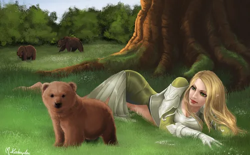 С Медведем Обои на телефон человек, лежащий на траве с медведем на заднем плане