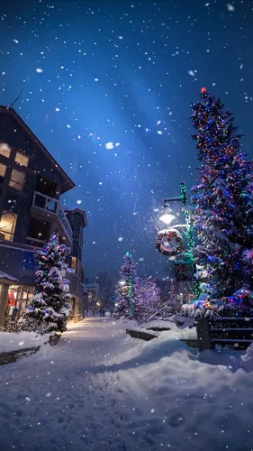 Самсунг Новый Год Обои на телефон снежная улица с деревьями и огнями