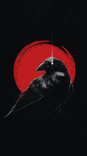 С Птицами Обои на телефон черно-белое изображение птицы с красным кругом вокруг нее
