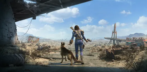 Fallout 4 Обои на телефон мужчина выгуливает собаку