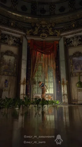 Uncharted 4 Обои на телефон человек, стоящий в комнате с большим окном и произведениями искусства на стене