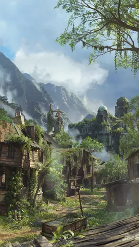 Uncharted 4 Обои на телефон каменное здание с горой на заднем плане