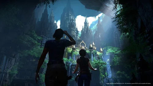 Uncharted 4 Обои на телефон мужчина и женщина идут по пещере с замком на заднем плане
