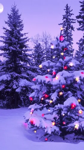 Милый Новогодний Зимний Обои на телефон дерево с огнями и украшениями