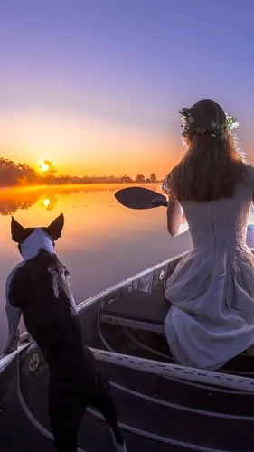 Красивые Hd Обои на телефон человек и собака на лодке на закате
