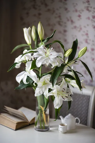 Лилии Обои на телефон ваза с белыми цветами