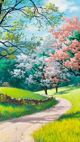 Весна Бесплатно Обои на телефон тропинка с деревьями по обе стороны