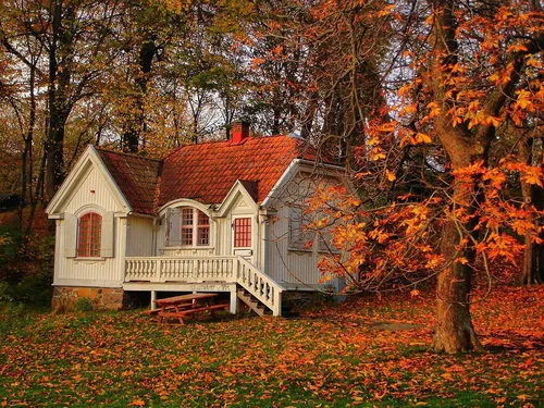 Дома Обои на телефон дом с красной крышей, окруженный деревьями и листьями