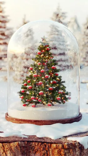 Новогодний Зимние Обои на телефон маленькая елка в снежном шаре