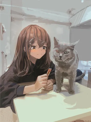 Тиаки Омигава, Аниме Картинки женщина с ручкой и кошкой
