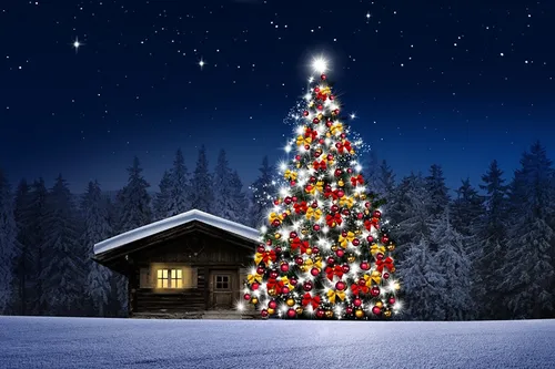 Новогодние Картинки домик с большой елкой на снегу