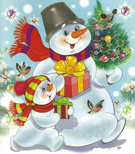 Новогодние Картинки снеговик в шляпе и кот