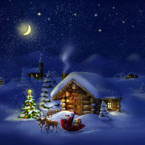 Новогодние Картинки домик со снеговиком и деревьями в снегу