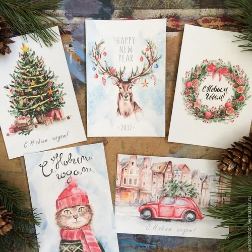 Новогодние Картинки группа карточек с автомобилем и деревом