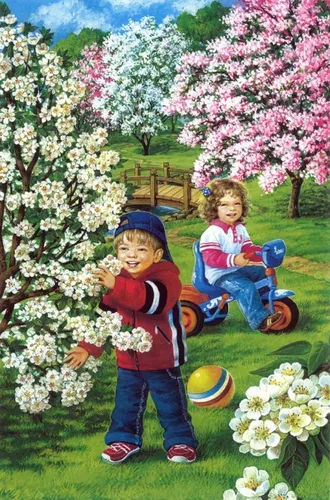 Весна Картинки пара детей сидят на лужайке с цветами и деревом