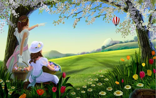 Весна Картинки пара женщин, сидящих в саду с цветами и деревом