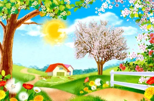 Весна Картинки красивый сад с домиком