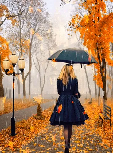 Осень Картинки женщина, идущая под дождем с зонтиком