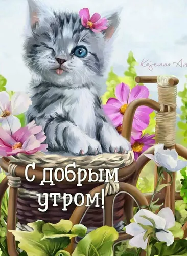 С Добрым Утром Прикольные Картинки кошка, сидящая в кресле с цветами на нем